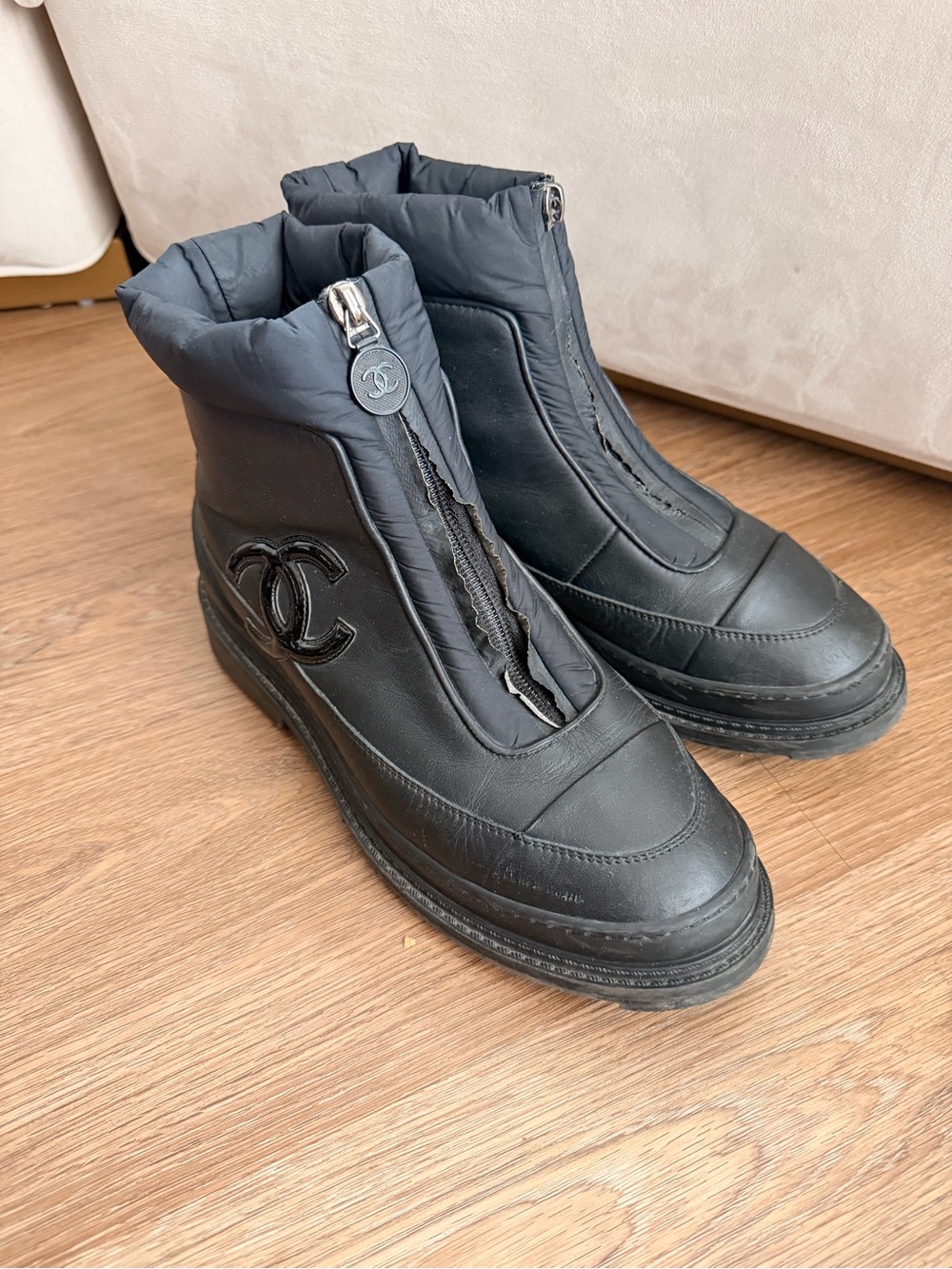CHANEL Clafskin Nylon CC Black Leather Ankle Snow Boots - size 37.5